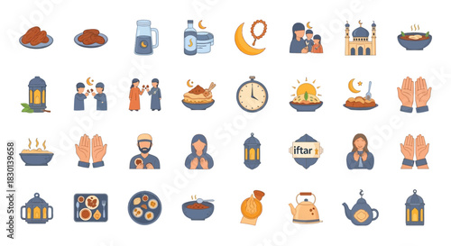 Ramadan Islamic Icons Collection Set Vector Illustration. Vector Illustrations. EPS Editable