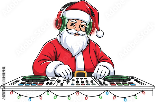 Santa claus dj wearing headphone mixing music isolated on