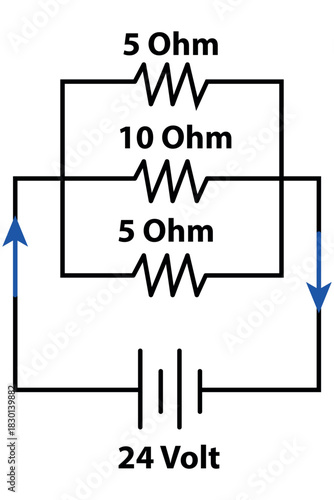 Electrical Circuit Diagram With 5 Ohm, 10 Ohm, 5 Ohm Resistors And 24 Volt Source