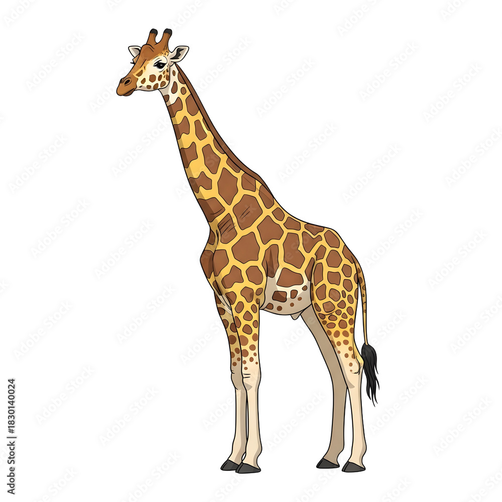 Naklejka premium Cartoon Giraffe Standing Tall with Distinctive Brown Spots and Long Neck.