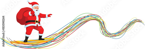 Santa claus surfing on colorful wave isolated on