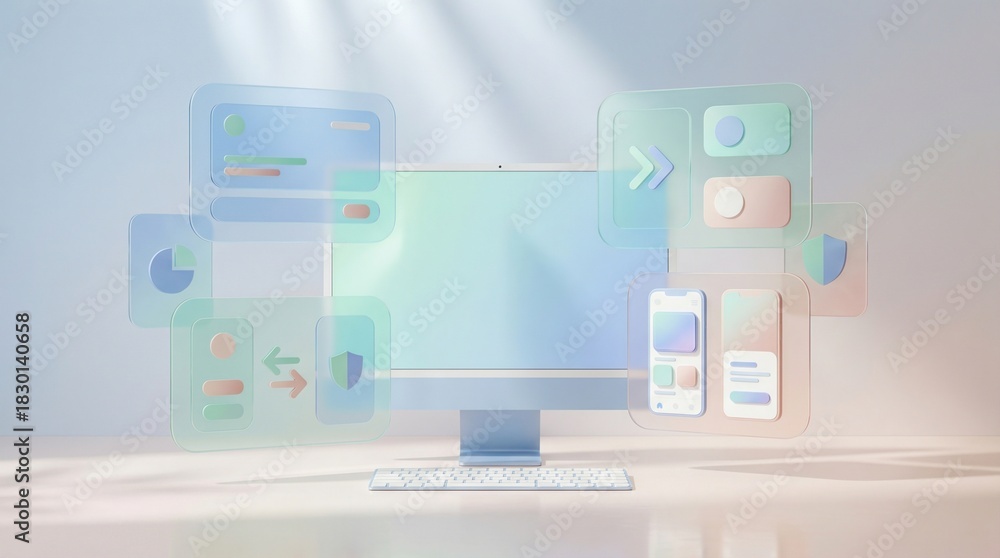 Obraz premium Modern desktop computer with floating app interface elements and keyboard