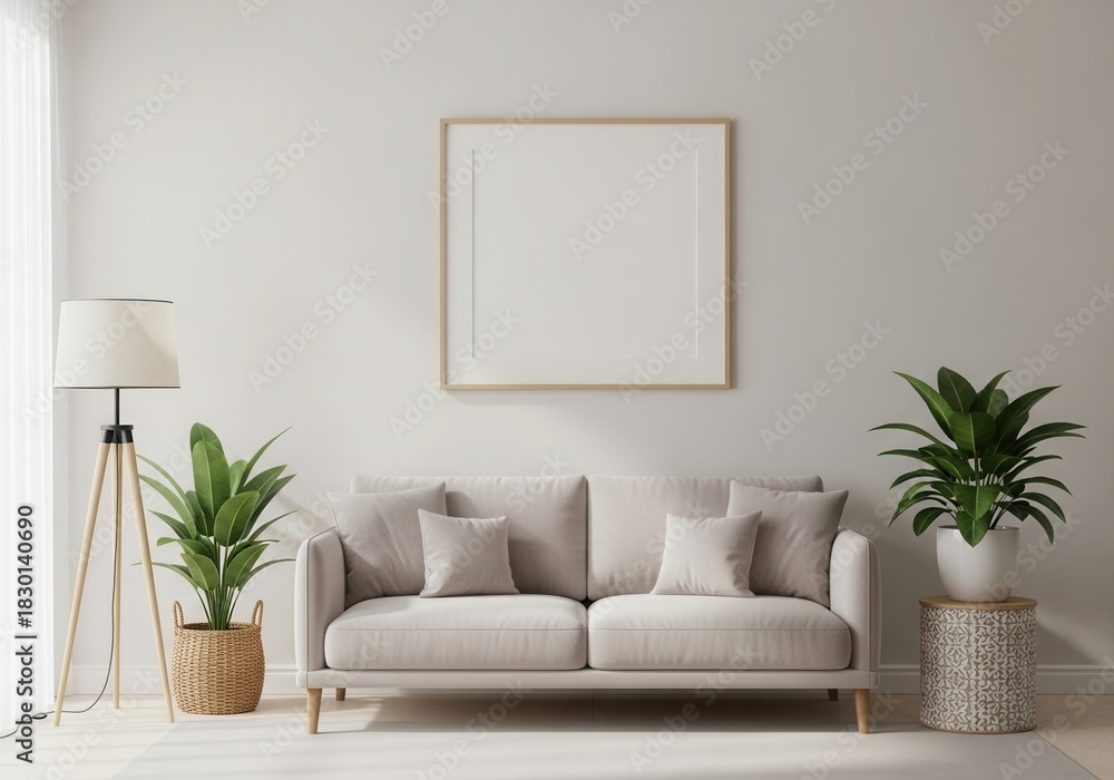 Fototapeta premium Modern living room with neutral sofa and plants