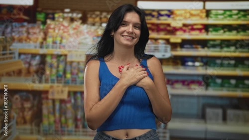 Woman clutch chest in supermarket wearing a blue tank top and smiling appreciatively at stocked snack shelves; gratitude.