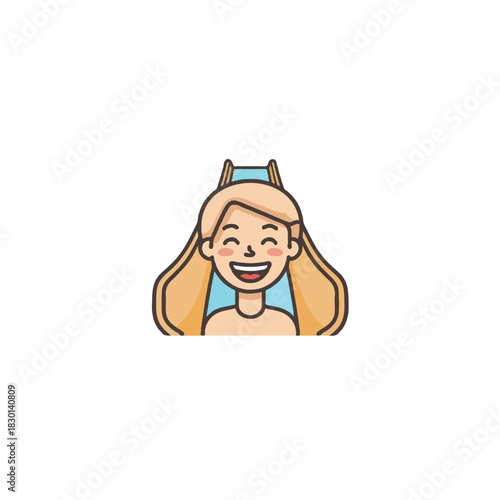 Blonde haired girl with cheerful expression joyfully sliding down a blue water slide on summer