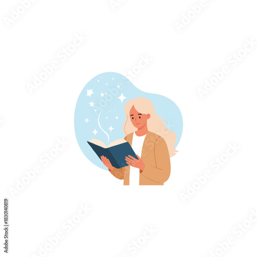 Blonde woman enjoying literary journey, immersed in book, evoking imagination, sparking wonder in