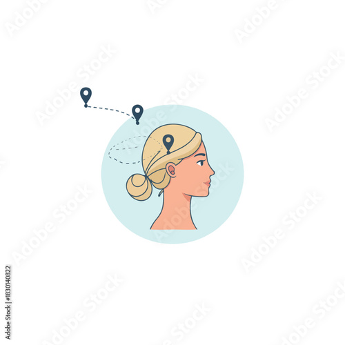 Blonde woman's updo hairstyle with location pin markers indicating head acupressure points for