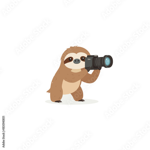 Cartoon sloth capturing memories with professional camera isolated on white background creative
