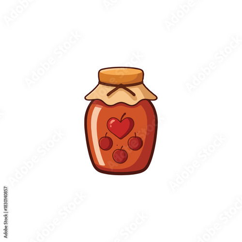 Cartoon illustration of sweet homemade jam in glass jar with heart and cherries design delicious
