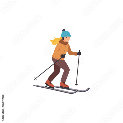 Cartoon woman figure enjoy a thrilling descent on the slopes during winter recreational activity a