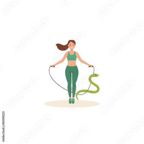 Healthy lifestyle concept featuring a fit woman and a snake shape skipping rope for fitness or