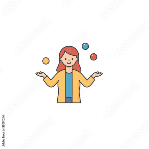 Illustration featuring a woman juggling colorful spheres, representing multitasking, skill, and