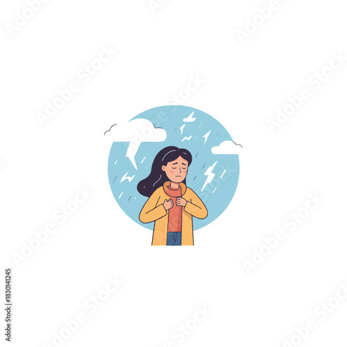 Illustration depicting a woman experiencing emotional discomfort during a rainstorm expressing
