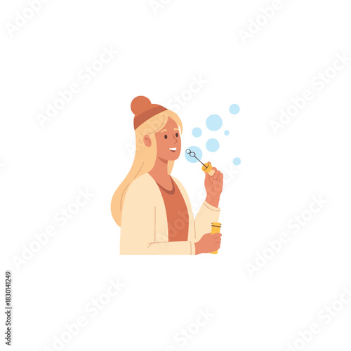 Illustration of a serene young woman joyfully creating vibrant soap bubbles expressing carefree