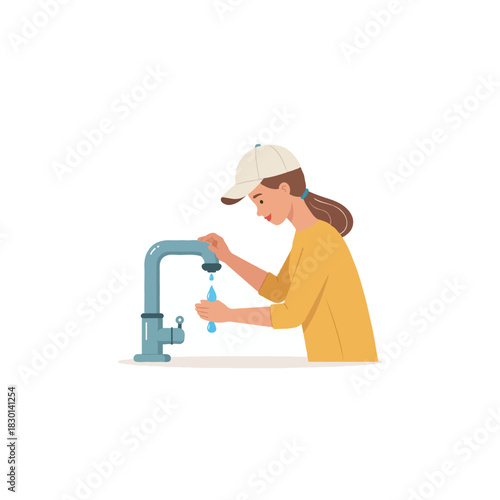 Illustration of a young woman at a tap, saving water, demonstrating proper hygiene, and promoting