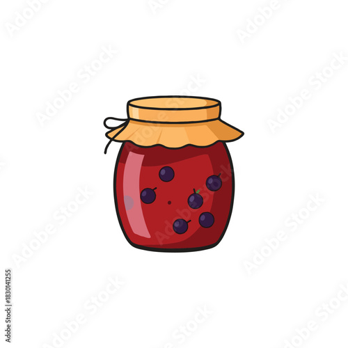Illustration of homemade berry jam in glass jar showcasing fruit preservation with a tied fabric lid