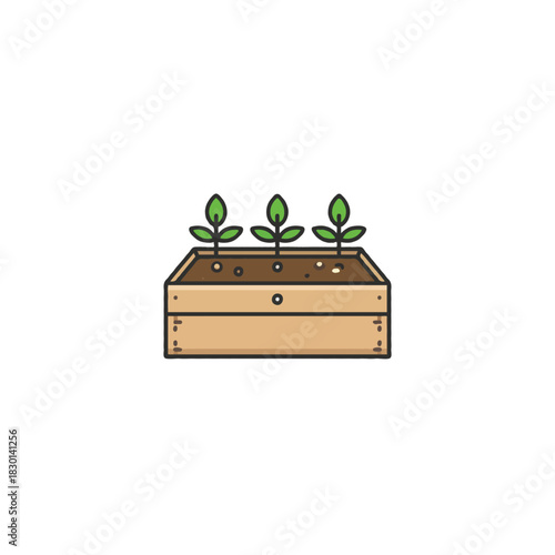 Illustration of seedlings growing in a wooden box, portraying growth and new beginnings in
