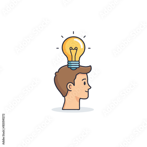 Innovative thinking illustration with a glowing bulb atop a head showcasing imagination and