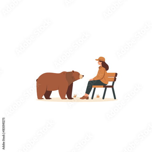 Intriguing encounter in the woods: a woman meets a bear while resting on a bench in nature's embrace