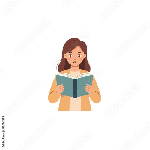 Intrigued young woman engrossed in captivating reading absorbing fascinating story with surprised
