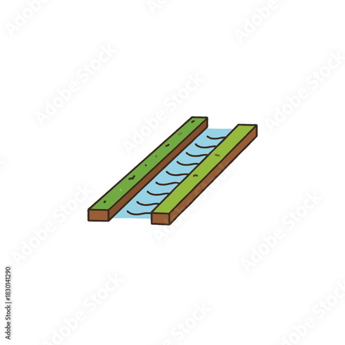 Minimalist cartoon illustration displaying a waterway or narrow river between two embankments