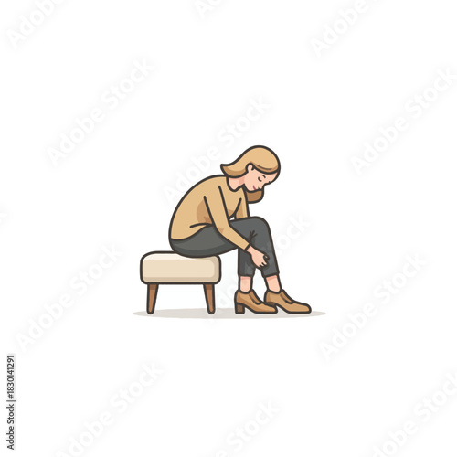 Isolated illustration depicts a woman thoughtfully seated on a beige ottoman in a minimalist