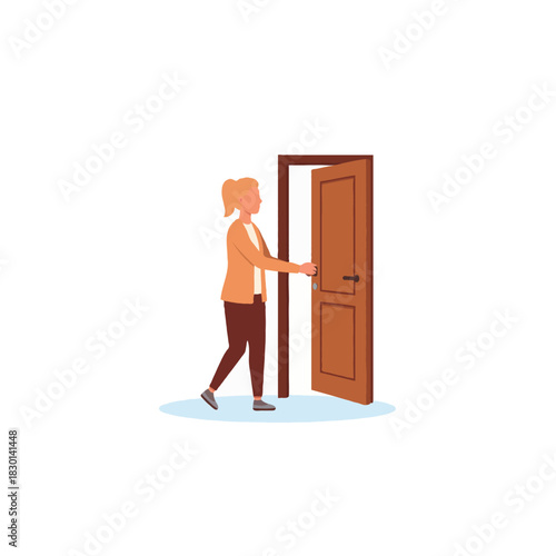 Woman approaching slightly open door in minimalist room offering possibilities and choices with