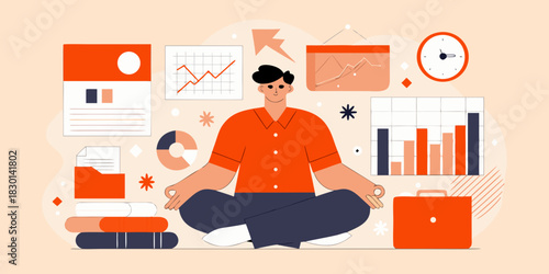 Business professional meditating amidst data charts for stress relief and focus