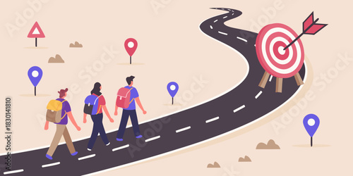 Teamwork and collaboration to achieve goals on the road to success