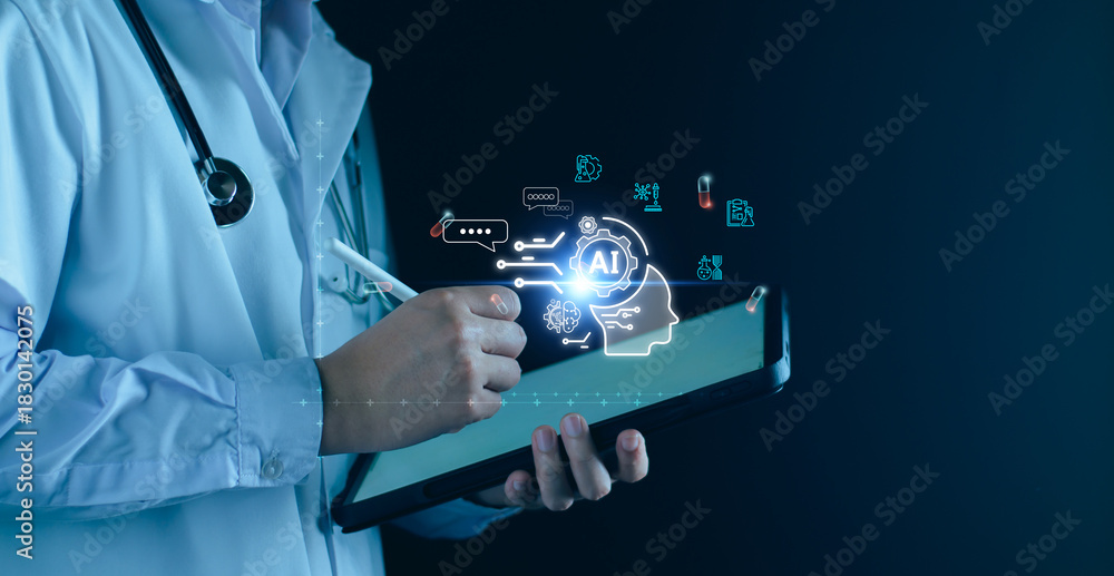 Naklejka premium Medical telemedicine technology, doctor use AI robots for diagnosis, care, increasing accuracy patient treatment, Medical research and development innovation healthcare to improve patient health.