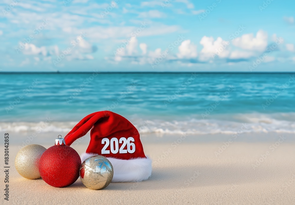 Fototapeta premium Santa hat with 2026 numbers and Christmas ornaments resting on tropical beach sand by the ocean, with copy space