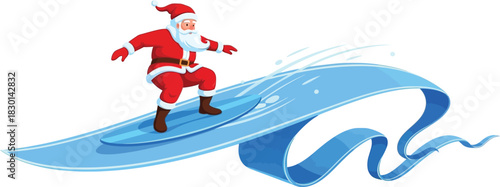 Santa Claus surfing on a cheerful blue wave, spreading holiday joy and excitement, perfect for bright Christmas promotions and seasonal campaigns