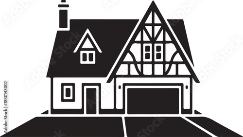 Black and white graphic illustration of a two story Tudor style house with a chimney and garage