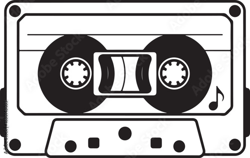 Black and white graphic illustration of a vintage cassette tape with music note audio cassette