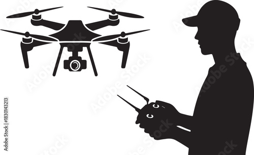 Silhouette of a person wearing a cap operating a drone with a remote control quadcopter