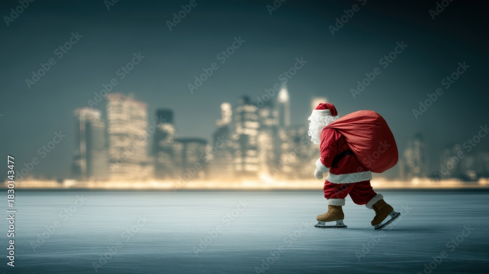 Obraz premium Santa Claus ice skating with a large bag, gliding through a surreal urban landscape, embodying holiday spirit and whimsical adventure