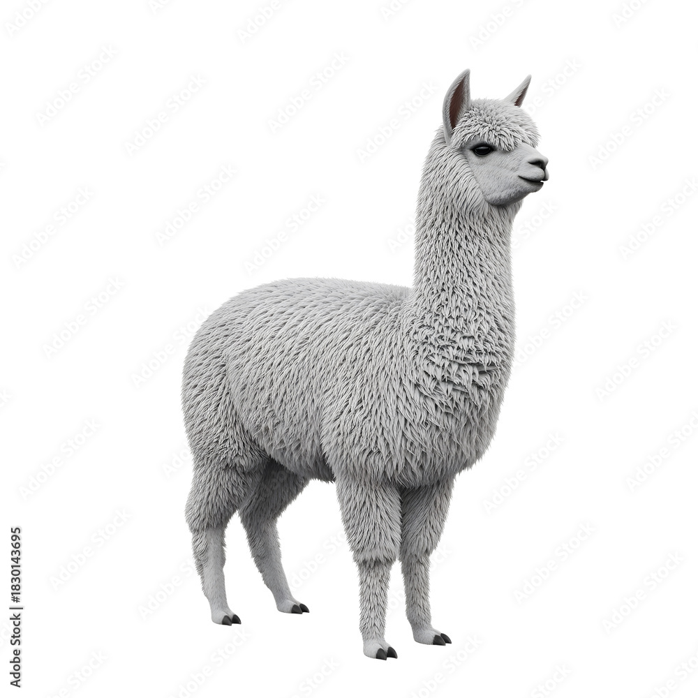 Fototapeta premium Elegant Alpaca Standing Tall with Soft Fleece on White Background.