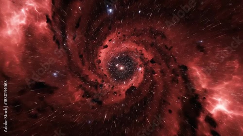 Cosmic spiral galaxy with radiant core and ethereal red hues
