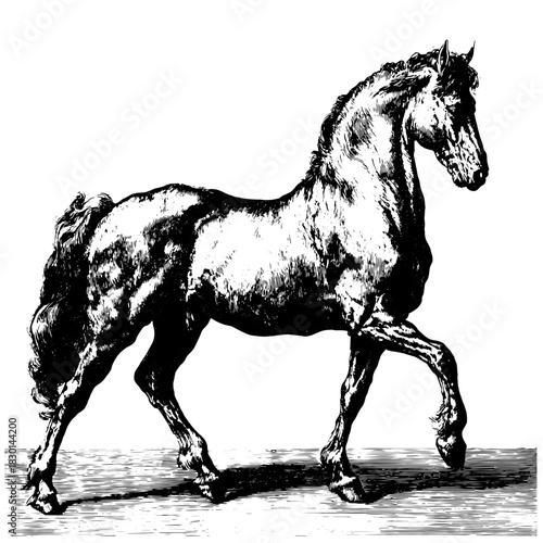 Vintage Engraving Horse in Motion, Classic Equine Illustration, Dynamic Line Art Animal Clipart, Rustic Antique Style