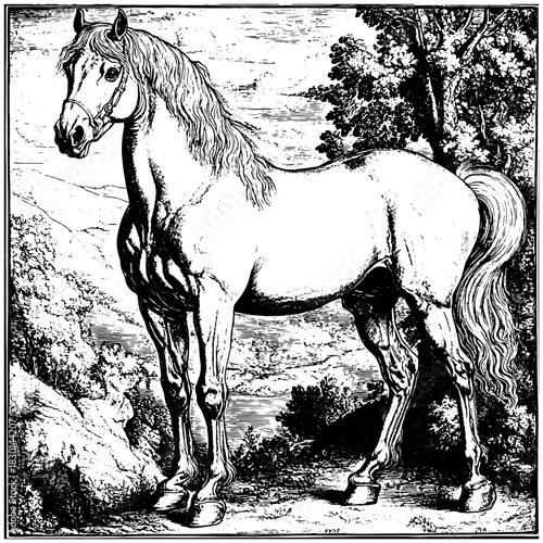 Vintage Engraving Horse Illustration, Classic Detailed Line Art Animal, Rustic Antique Style Equine Clipart