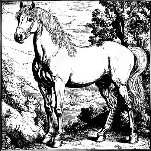 Vintage Engraving Horse Illustration, Classic Detailed Line Art Animal, Rustic Antique Style Equine Clipart