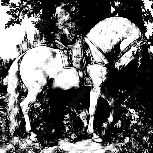 Vintage Engraving Saddled Horse with Castle, Classic Equine Illustration, Rustic Antique Line Art, Scenic Historical Clipart