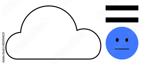 Cloud outline with two horizontal lines equaling a neutral blue face. Ideal for technology, judgement, neutrality, cloud storage, equality, abstract connectivity, and balance. Simple flat metaphor