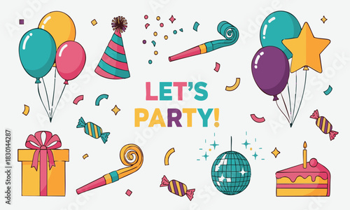 Vibrant 'Let's Party!' event illustration featuring festive balloons, confetti, gifts, and celebration elements