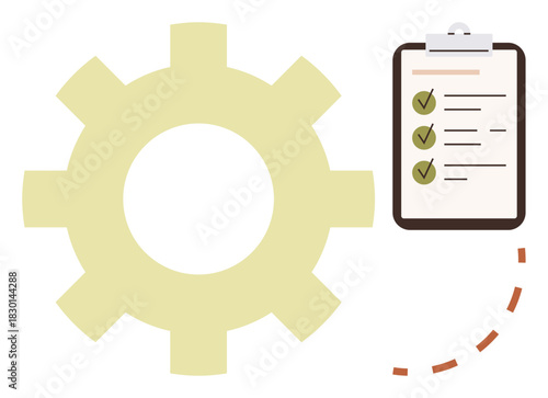Large gear with a checklist showing completed tasks and a dotted path signifying progress. Ideal for productivity, workflow, organization, process improvement, task management, efficiency