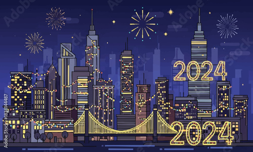 Vibrant City Skyline Illuminated for New Year's Eve 2024 Celebration with Festive Lights and Fireworks Display