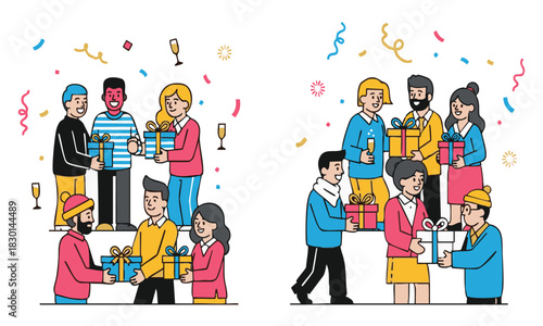 Joyful groups celebrating special occasions, exchanging festive gifts with cheer and goodwill among diverse friends and colleagues