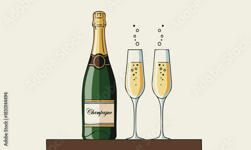 Elegant champagne bottle and two sparkling flutes ready for a festive toast or special celebration event