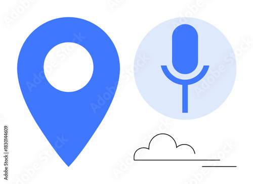 Blue location pin and microphone icon with simple cloud illustration. Ideal for navigation, voice search, AI tools, mapping, technology, communication, minimal design. Simple flat metaphor