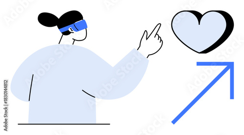 Person wearing VR headset interacting with floating heart and upward arrow. Ideal for technology, innovation, connection, progress, love, virtual engagement, health. A simple flat metaphor